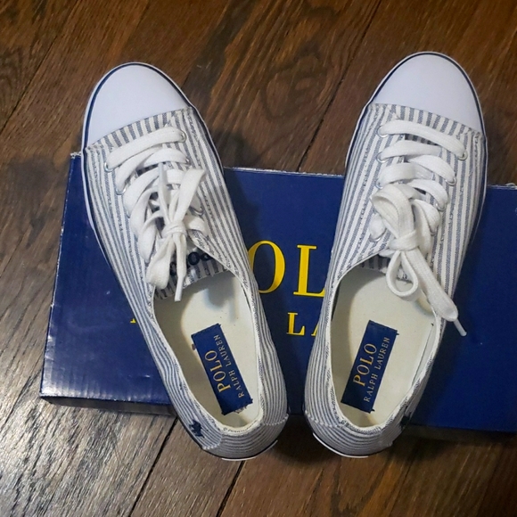 Polo ralph lauren navy cloth stripe sneaker.  Size 8.5. - Picture 1 of 4